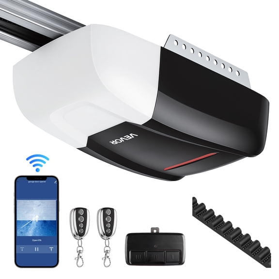 VEVOR Garage Door Opener 3/4 HP Ultra-Quiet Belt Drive WiFi Smart Opener, for Residential Garage, Includes Durable Rail, 3 Remotes, Smartphone App Control, Obstacle Sensor & LED Light, Black & White