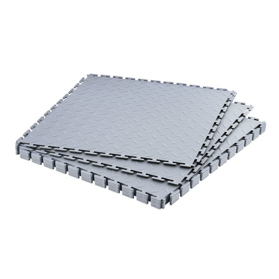 VEVOR Garage Floor Tiles Interlocking, 8 Pack 20.2 x 20.2 x 0.2 in Interlocking Modular Garage Flooring Tiles, Diamond Plate Slip-Resistant PVC Mats for Workshop,Warehouse,Tool Room, Silver
