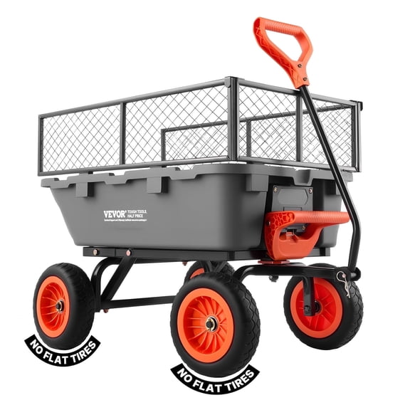 VEVOR Garden Dump Cart, 800lbs Poly Garden Carts with Storage Fence, 90° Quick-Dumps Mechanism, 180° Swivel Wheels, 90° Rotating Handle for Plants, Soil, Crops