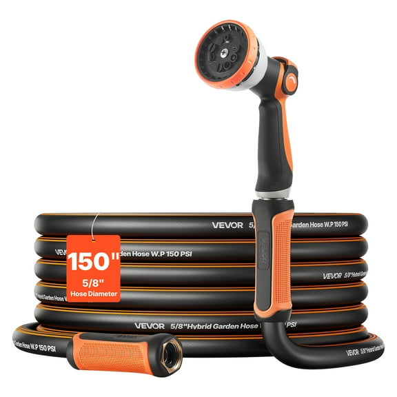 VEVOR Garden Hose, 150 ft 5/8" Heavy Duty Rubber Water Hose with 10 Mode Nozzle, 150PSI Working & 600PSI Burst, Flexible & Non-kink Outdoor Waterhose with 3/4" Fitting, Lightweight Hoses