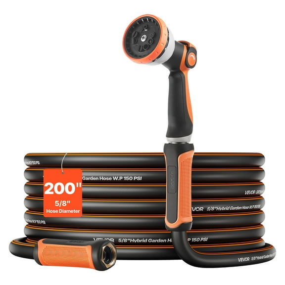 VEVOR Garden Hose, 200 ft 5/8" Heavy Duty Rubber Water Hose with 10 Mode Nozzle, 150PSI Working & 600PSI Burst, Flexible & Non-kink Outdoor Waterhose with 3/4" Fitting, Lightweight Hoses