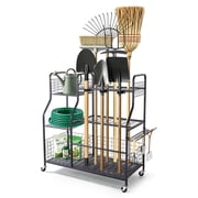 VEVOR Garden Tool Organizer with Wheels, Large Metal Garage Storage Rack, for Rakes/Shovels/Brooms, Yard Utility Tool Holder for Shed/Outdoor/Lawn Organization, Heavy-Duty Steel, with Hooks, Black