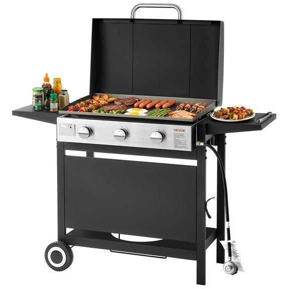 VEVOR Gas Griddle, 3-Burner Flat Top Grill, Propane Griddle with Wheels, Lid, 3 x 11000 BTU Outdoor Flat Top Grills for Pan-Frying, Grilling, Stir-Frying, & BBQ, Pulse Ignition, Removable Top Design