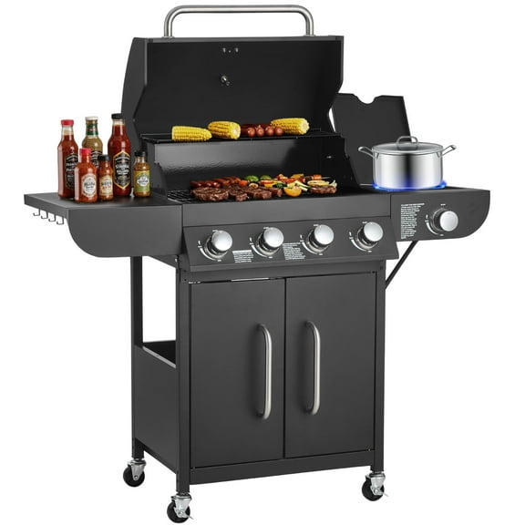 VEVOR Gas Grill, 4 Burner Propane Gas Grill with Side Burner, 425 SQ.In Grilling Area, Carbon Steel Enamel Grates, Outdoor 52,000 BTU Patio Garden BBQ Grills with Two Side Shelves, Carbon Steel