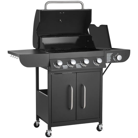 VEVOR Gas Grill, 4 Burner Propane Gas Grill with Side Burner, 425 SQ.In Grilling Area, Carbon Steel Enamel Grates, Outdoor 52,000 BTU Patio Garden BBQ Grills with Two Side Shelves, Carbon St