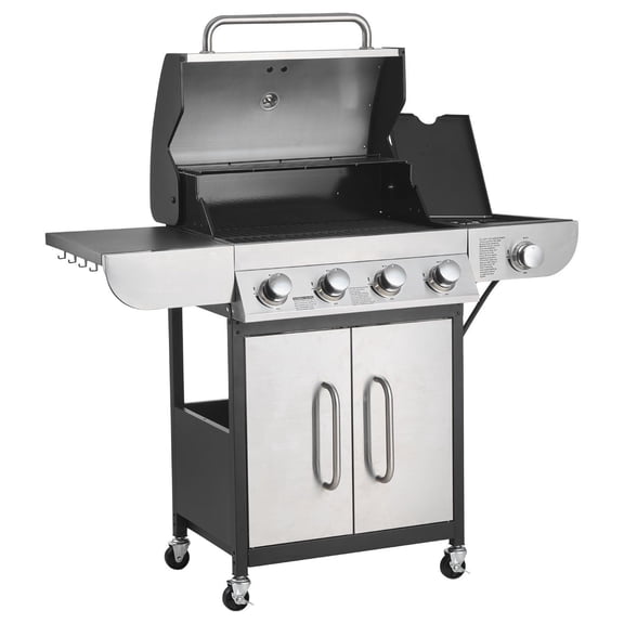 VEVOR Gas Grill, 4 Burner Propane Gas Grill with Side Burner, 425 SQ.In Grilling Area, Carbon Steel Enamel Grates, Outdoor 52,000 BTU Patio Garden BBQ Grills with Two Side Shelves, Stainless
