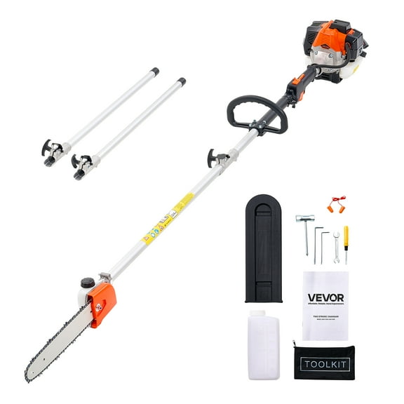 VEVOR Gas Pole Saw, 25CC 2 Stroke Gas Powered Pole Saws with 12 in Cutting Bar, Cordless Tree Trimmer with 23 fl.oz Fuel Tank, 7 to 12 ft Extendable, Powerful Chainsaw for Tree Trimming Pruning