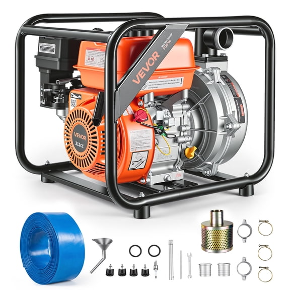 VEVOR Gas Powered Water Pump, 2 in, 128 GPM 6HP Semi Trash Water Transfer Pump Portable, Gasoline Engine with 25 ft Discharge Hose, Heavy Duty Frame, Cast Iron Impeller, for Irrigation, Ponds, Pools