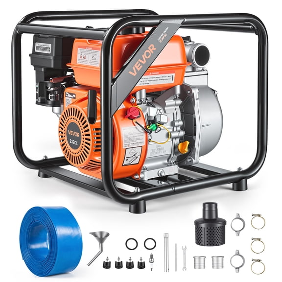 VEVOR Gas Powered Water Pump, 2 in, 142 GPM 7HP Semi Trash Water Transfer Pump Portable, Gasoline Engine with 25 ft Discharge Hose, Heavy Duty Frame, Cast Iron Impeller, for Irrigation, Ponds, Pools