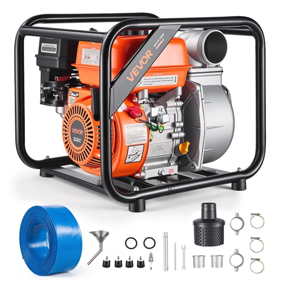 VEVOR Gas Powered Water Pump, 3 in, 264 GPM 7HP Semi Trash Water Transfer Pump Portable, Gasoline Engine with 25 ft Discharge Hose, Heavy Duty Frame, Cast Iron Impeller, for Irrigation, Ponds, Pools