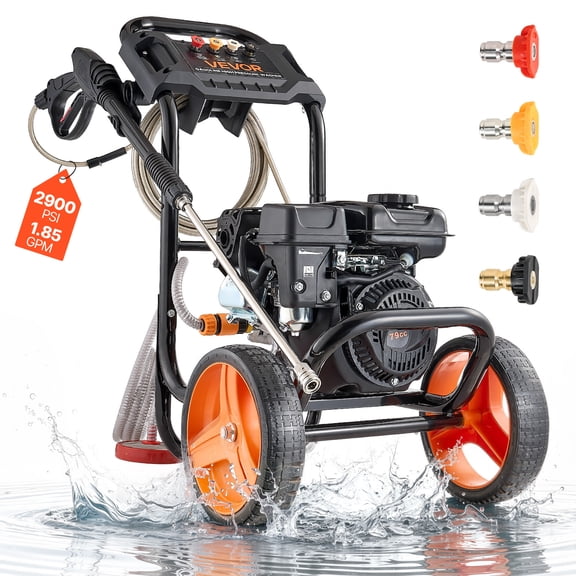 VEVOR Gas Pressure Washer 2900 PSI and 1.85 Max GPM, Upgrade Aluminum Pump with Spray Gun and Wand, 4 Nozzle Set, Low Profile Power Washer for Cars, Fences, Driveways, Homes, Patios, Furniture