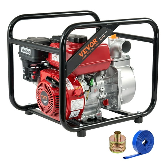 VEVOR Gasoline Powered Trash Pump,2 in/50 mm,7HP 132GPM 4-Stroke Gasoline Engine Water Transfer Pump with 25 ft/7.62 m Outlet Hose Max 98 ft Lift 26ft Suction,Cast Iron Impeller for Irrigation Pool