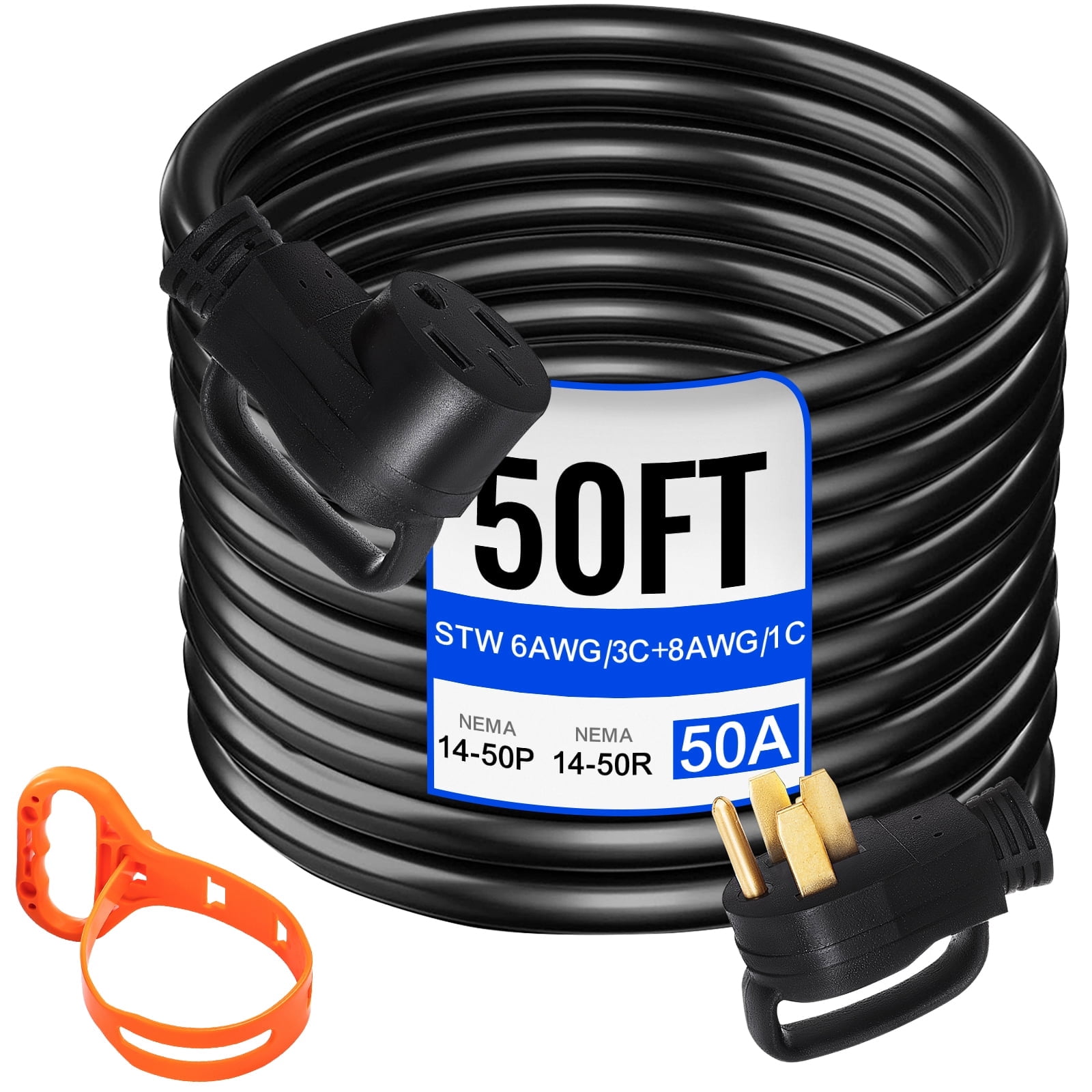 VEVOR Generator Extension Cord 50A 50ft Heavy Duty Copper Wire 125/250V STW 6AWG/3C+8AWG/1C with N14-50P plug