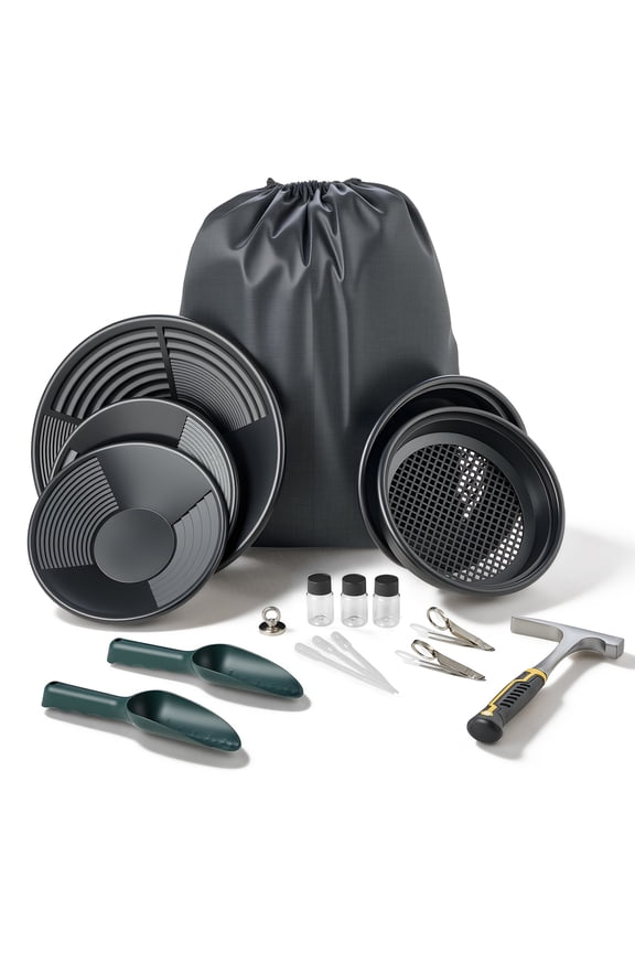 Gold Panning Kit, 10 in and 14 in Pans, 19 PCS Portable Prospecting Equipment Kit with Classifier Sieves, Sand Magnet, Rock Pick, Scoops, Backpack, and Accessories, for Outdoor Gold Recovery