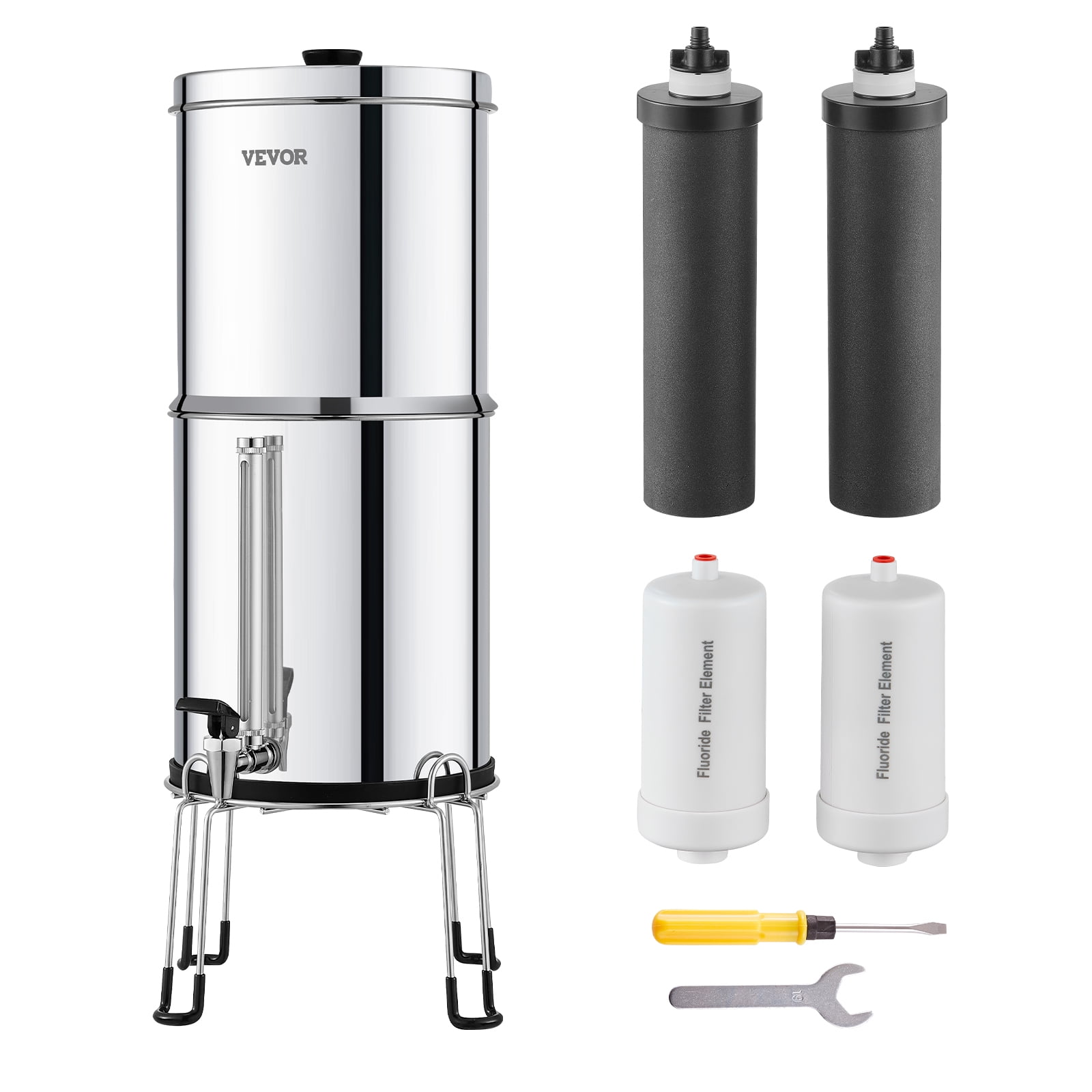 VEVOR Gravity-fed Water Filter System, 2.25G 304 Stainless-Steel Countertop Filtration System, Reduces Lead and up to 99% of Chlorine, with 2 Activated Carbon Filter, 2 Defluorination Filter, Spigot