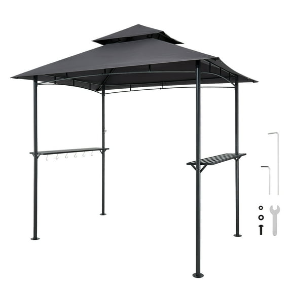 VEVOR Grill Gazebo, 8 x 5 ft Outdoor BBQ Gazebo with Double-Tiered Roof, Powder-Coated Steel Patio Grill Shelter with 2 Side Shelves & 8 Hooks, Grilling Canopy for Patio Backyard Garden Picnic