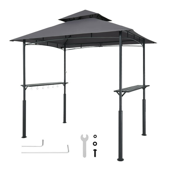 VEVOR Grill Gazebo, 8 x 5 ft Reinforced Outdoor BBQ Gazebo with Double-Tiered Roof, Powder-Coated Steel Patio Grill Shelter with 2 Side Shelves & 8 Hooks, Grilling Canopy for Patio Backyard Garden