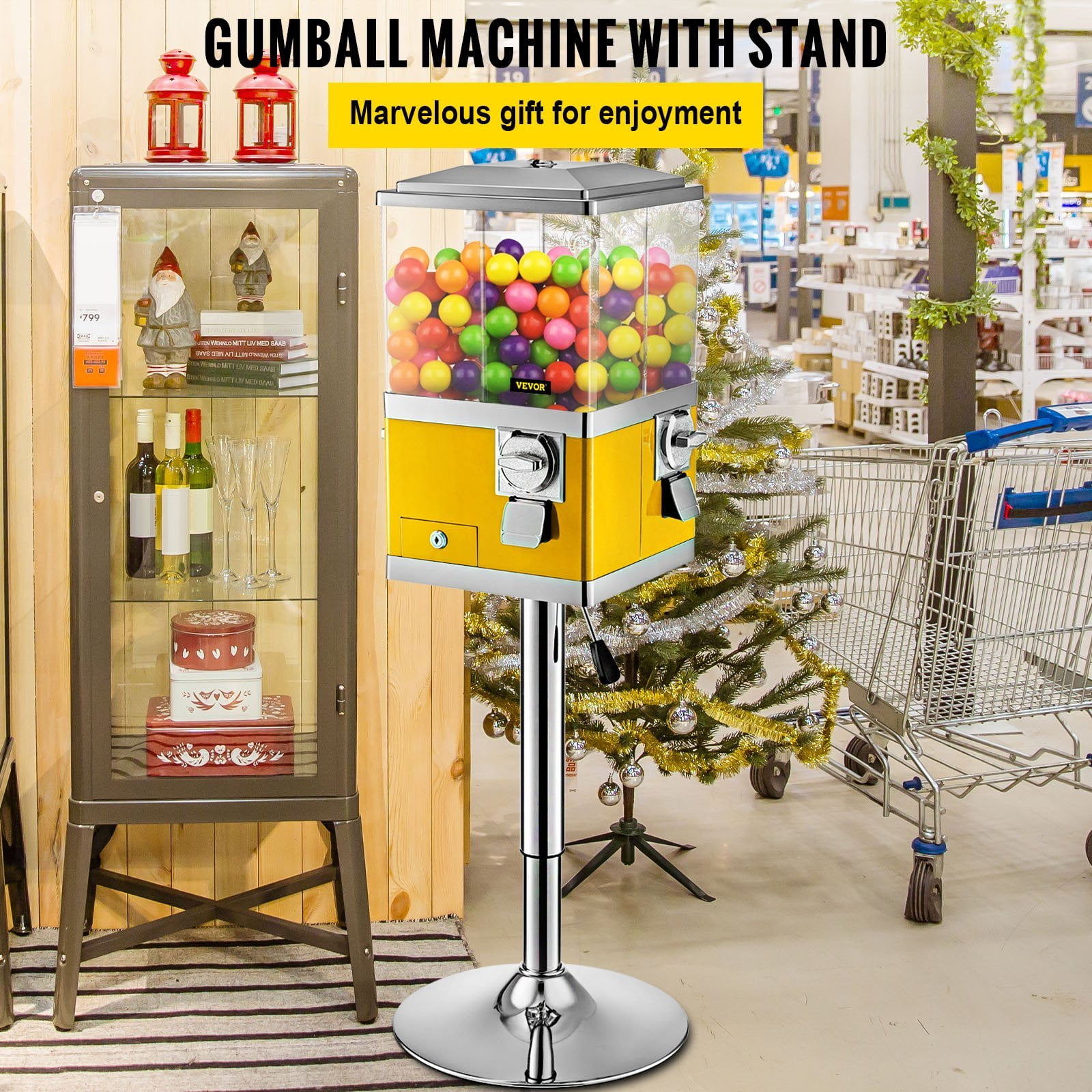 VEVOR Gumball Machine with Stand, Yellow Quarter Candy Dispenser