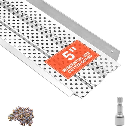 VEVOR Gutter Guard, 5 inch Aluminum Gutter Cover Heavy-Duty, 32ft Length Protection Cover for Leaf & Debris, 0.02 in Thickness Mill Finish, Easy DIY Install, Fast Drainage, Screws Included, 8 PCS