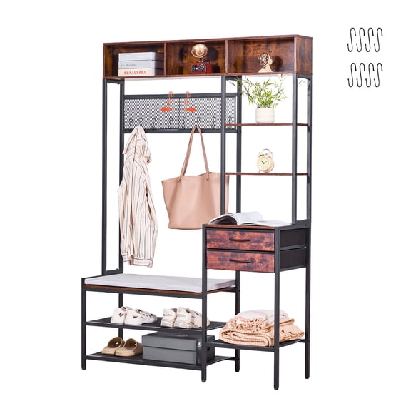 VEVOR Hall Tree, 70.9 in Coat Rack with Shoe Bench & 2 Drawers, 3-in-1 Freestanding Shoe Rack Storage Organizer with Bookshelf & Wire Shelf, Steel Frame Entrance Coat Holder for Entry, Bedroom
