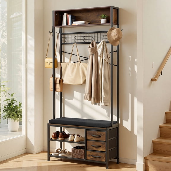 VEVOR Hall Tree, 70.9 in Coat Rack with Shoe Bench & 3 Drawers, 3-in-1 Freestanding Shoe Rack Storage Organizer with Bookshelf & Wire Shelf, Steel Frame Entrance Coat Holder for Entry, Bedroom,Closet