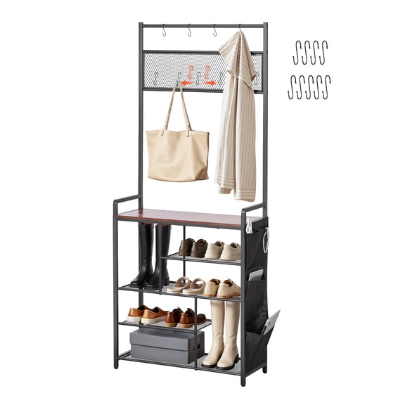 VEVOR Hall Tree, 70.9 in Coat Rack with Shoe Storage, Freestanding 4-Tier Shoe Rack Organizer with Hooks, Side Pocket and Wire Shelf, Steel Frame Entrance Coat Holder for Entryway, Bedroom, Closet