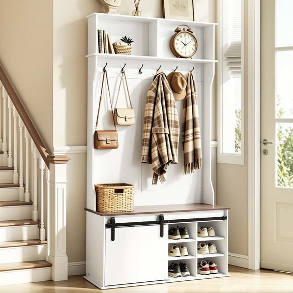 VEVOR Hall Tree with Bench and Shoe Storage, 42" Wide, Entryway Hall Tree with Bench, Hanging Hooks, Storage Shelves, Adjustable Shoe Shelves, Wooden Furniture for Mudroom, Entryway, Hallway, White