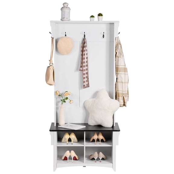 Hall Tree Entryway Bench, Coat Rack with Shoe Storage, 32" Wide Mudroom bench with Storage and Seating, Adjustable Shelves and 5 Hanging Hooks with 4 Storage Drawers,for Mudroom,Entryway,Hallway