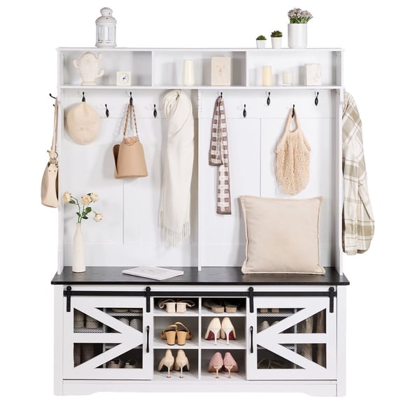 Hall Tree Entryway Bench, LED Coat Rack with Shoe Storage, 59" Wide Mudroom Bench with Storage and Seating, Adjustable Shelves and 12 Hanging Hooks, for Mudroom, Entryway, Hallway