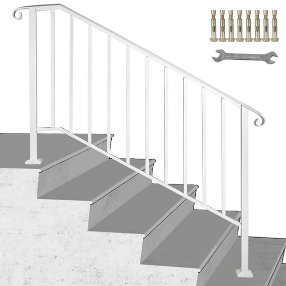 VEVOR Handrail Picket #4 Fits 4 or 5 Steps Matte White Stair Rail Wrought Iron Handrail with Installation Kit Hand Rails for Outdoor Steps