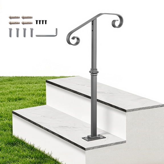 VEVOR Handrails for Outdoor Steps, 1-2 Step Single-Post Stair Hand Rail Kit,Gray Stair Rails for Seniors,Concrete Steps & Porch & Deck, Heavy-Duty Galvanized Steel Railings w/ Base & Installation Kit