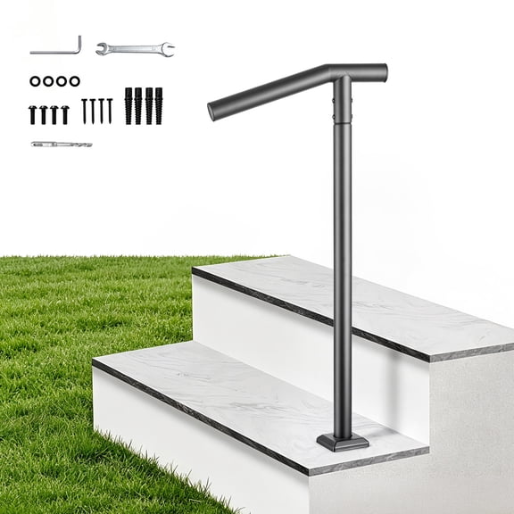 VEVOR Handrails for Outdoor Steps, 1-2 Step Stair Hand Rail Kit Single Post, Black Round Tube Stair Rails for Seniors, Concrete Steps & Porch & Deck, Heavy-Duty Galvanized Steel Railings w/ Drill Bit