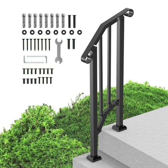 VEVOR Handrails for Outdoor Steps, 1-2 Step Stair Hand Rail Kit, Transitional Carbon Steel Railings with Installation Kit, Stair Rails for Seniors, Concrete Steps & Porch & Deck, Black Retro Arch