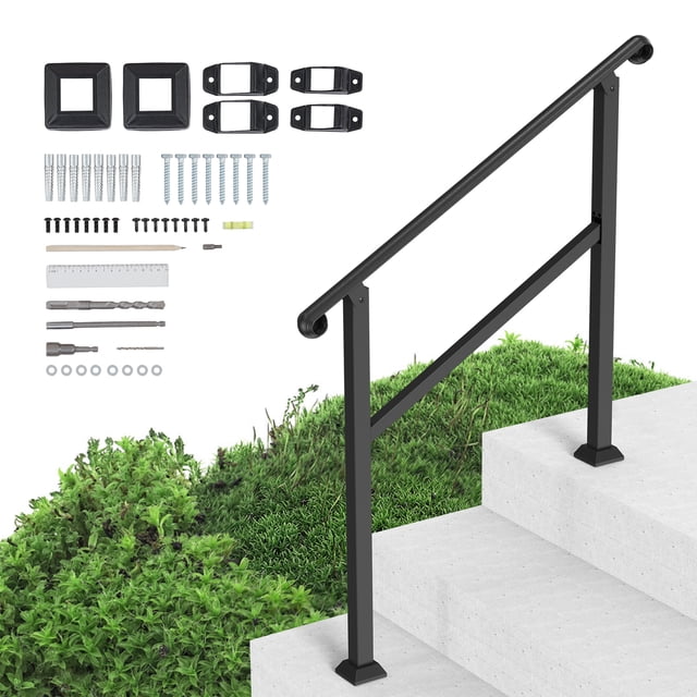Two Step Hand Railing VEVOR Handrails for Outdoor Steps, 2-3 Step Stair Hand Rail & Indoor ...