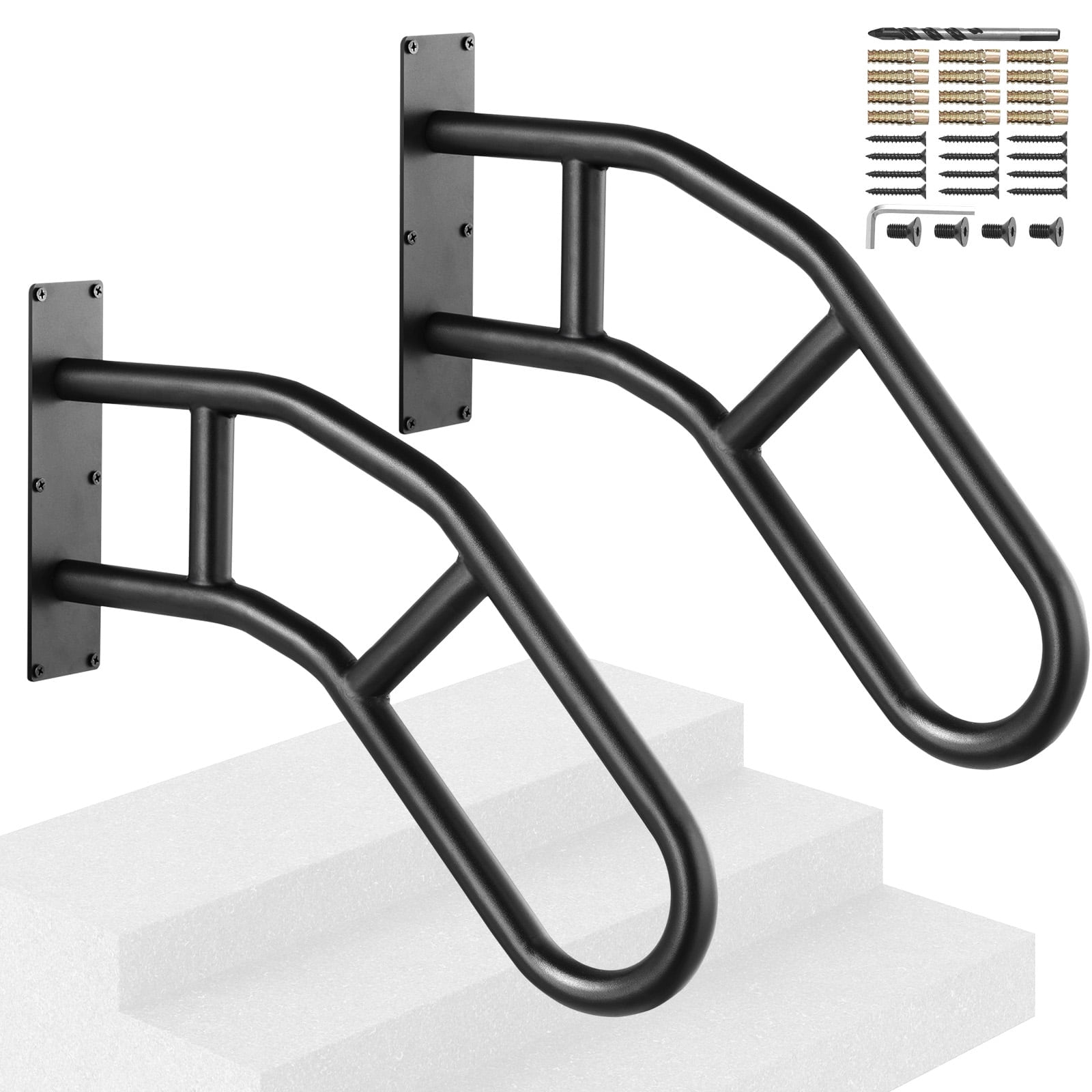 VEVOR Handrails for Outdoor Steps, 29" Length Wall Mount Safety Railings for 1-3 Steps, U-Shaped Handrail with Matte Black Finished, Stair Handrails for Kids, Elderly,Pregnant Women,Disabled 2 PCS