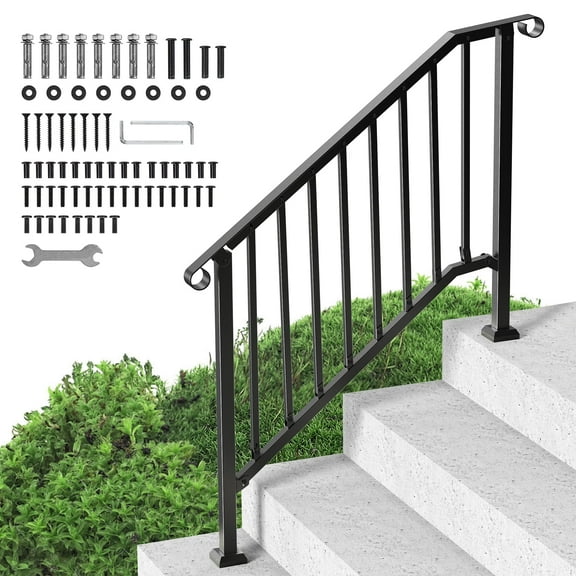 VEVOR Handrails for Outdoor Steps, 3-4 Step Stair Hand Rail Kit, Transitional Carbon Steel Railings with Installation Kit, Stair Rails for Seniors, Concrete Steps & Porch & Deck, Black Retro Arch