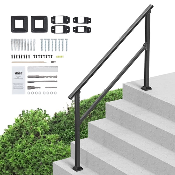 VEVOR Handrails for Outdoor Steps, 4-5 Step Stair Hand Rail Kit, Transitional Carbon Steel Railings with Installation Kit, Stair Rails for Seniors, Concrete Steps & Porch & Deck, Black Square Tube