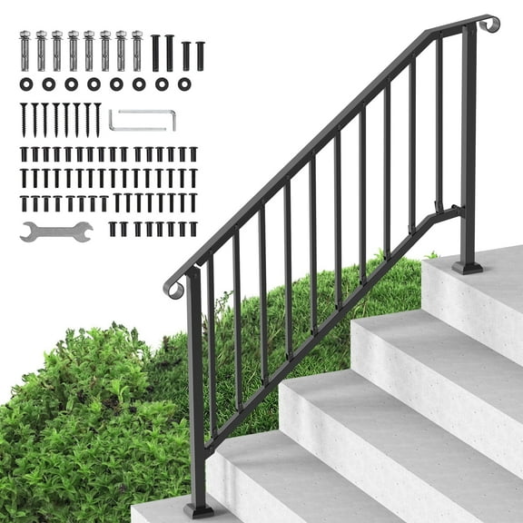 VEVOR Handrails for Outdoor Steps, 5 Step Stair Hand Rail Kit, Transitional Carbon Steel Railings with Installation Kit, Stair Rails for Seniors, Concrete Steps & Porch & Deck, Black Retro Arch
