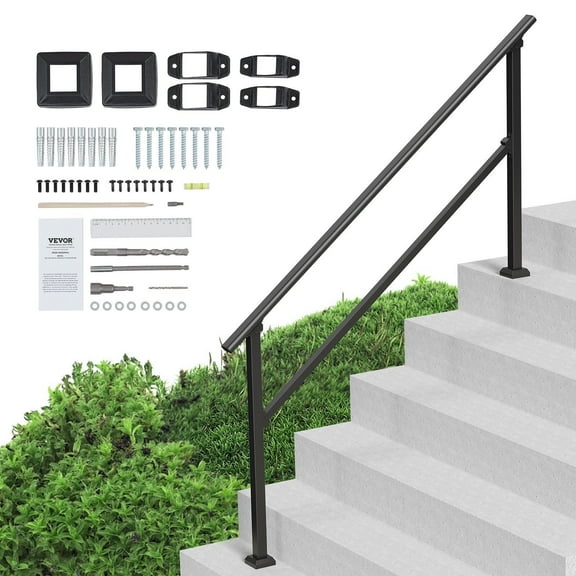 VEVOR Handrails for Outdoor Steps, 5 Step Stair Hand Rail Kit, Transitional Carbon Steel Railings with Installation Kit, Stair Rails for Seniors, Conc