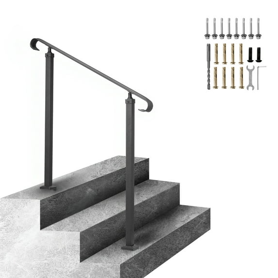 VEVOR Handrails for Outdoor Steps, Fit 1-3 Steps Outdoor Stair Railing, Wrought Iron Handrail, Adjustable Front Porch Hand Rail, Black Transitional Hand railings for Concrete Steps or Wooden Stairs