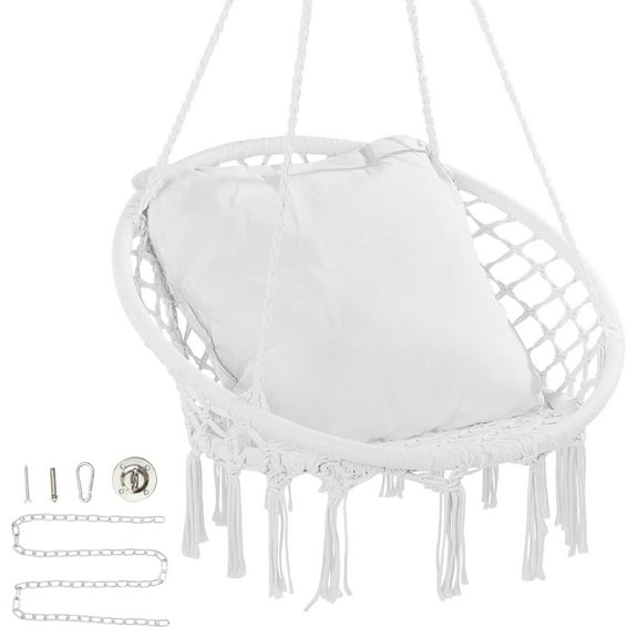 VEVOR Hanging Hammock Swing Chair, 330 lbs Capacity, Macrame Hanging Chair with Cushion and Mounting Hardware, Cotton Rope Swing Chair for Bedroom, Balcony, Patio, Garden, White