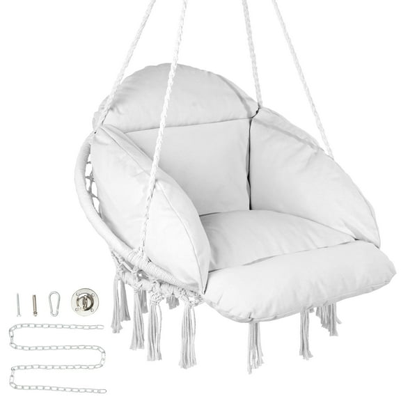 VEVOR Hanging Hammock Swing Chair, Macrame Hanging Chair with Cushion and Mounting Hardware, Cotton Rope Swing Chair for Bedroom, Balcony, Patio, Garden, 264 lbs Capacity, White