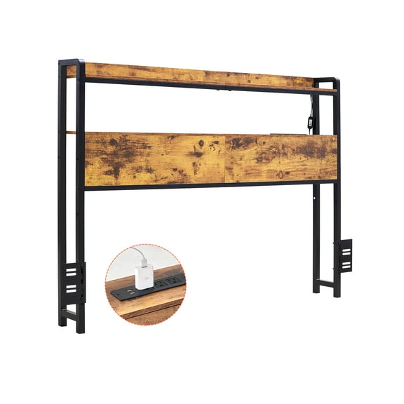 VEVOR Headboard for Full Size Bed, Adjustable Height Headboard with 2 Shelves Storage, Freestanding Head Board with Charging Station and LED Light for Different Bed Frames, Easy Assembly, Brown
