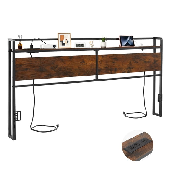 VEVOR Headboard for King Size Bed, with Storage Shelf, 2 Outlets, 1 USB and 1 Type-C Port, Sturdy and Stable Carbon Steel Frame Head Board with Charging Station, Adjustable Height, Black and Brown