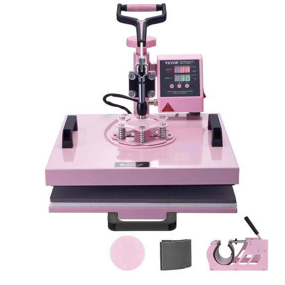 VEVOR Heat Press Machine, 15 x 15 inch, 5 in 1 Heat Transfer Machine with 30 oz Tumbler Press, 360 Swing Away T-Shirt Pressing, Digital Precise Control, for T-Shirts/Mugs/Hats/Plates, Pink