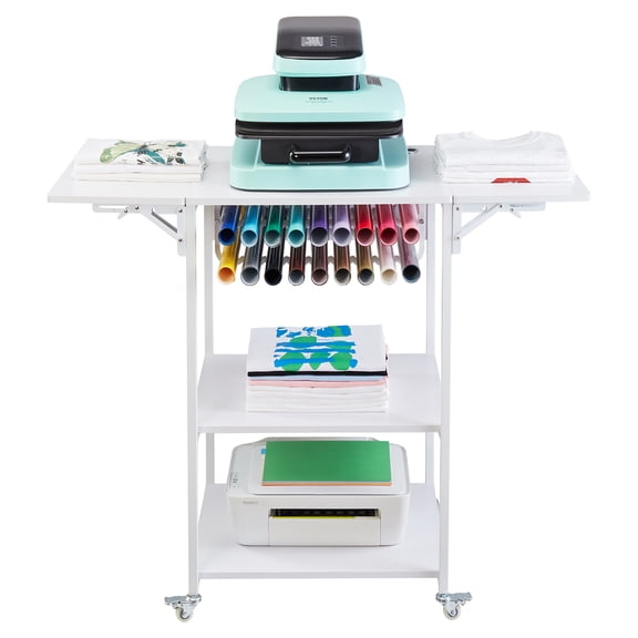 VEVOR Heat Press Table, 3 Tier Movable Heat Press Stand, Foldable Heat Transfer Machine Stand with Wheels and Vinyl Roll Holder, Rolling Metal Workbench for Sublimation Transfer Machine, White