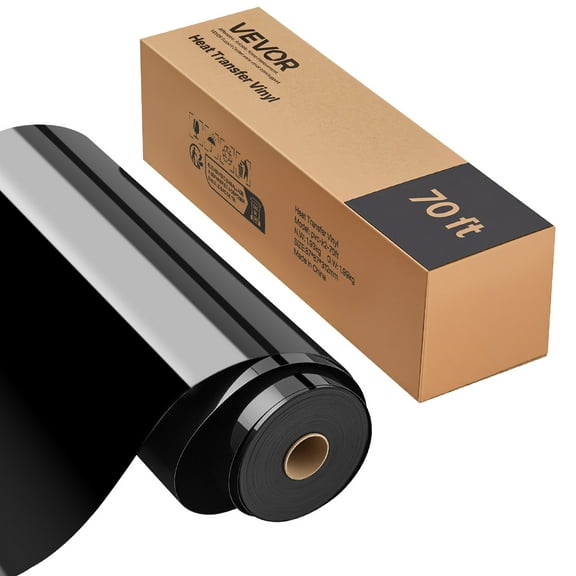 VEVOR Heat Transfer Vinyl, 12 in x 70 ft, Glossy Black HTV Iron on Vinyl Roll, Easy to Cut and Weed, Strong Adhesion, Compatible with Cutting Machines, for Various Materials, T-shirts, Pillows, Hats
