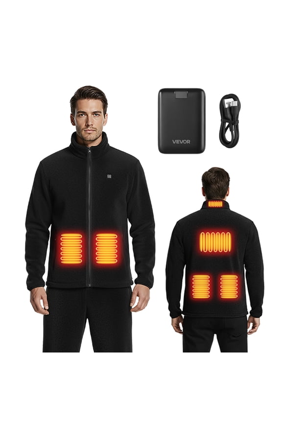 Heated Fleece Jacket for Men, Heated Sweatshirt with 7.4V 16000mAh Rechargeable Power Bank Pack, 6 Heating Zones, 3 Temp Levels, 3h/6h/10h Warmth, for Winter Outdoor Camping, Black