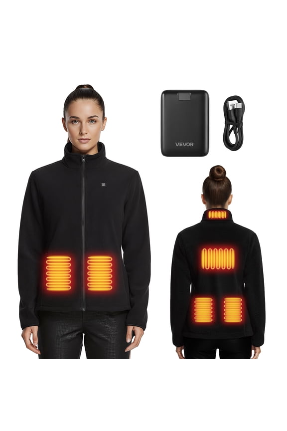 Heated Fleece Jacket for Women, Heated Sweatshirt with 7.4V 16000mAh Rechargeable Power Bank Pack, 6 Heating Zones, 3 Temp Levels, 3h/6h/10h Warmth, for Winter Outdoor Camping, Black