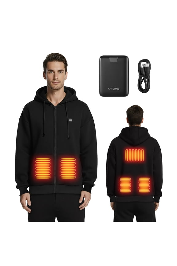 Heated Jacket Hoodie for Men Women, Heated Sweatshirt Unisex Full-Zip with 7.4V 16000mAh Power Bank Pack, 5 Heating Zones, 3 Temp Levels, 4-8H Warmth, for Winter Outdoor Camping, Black